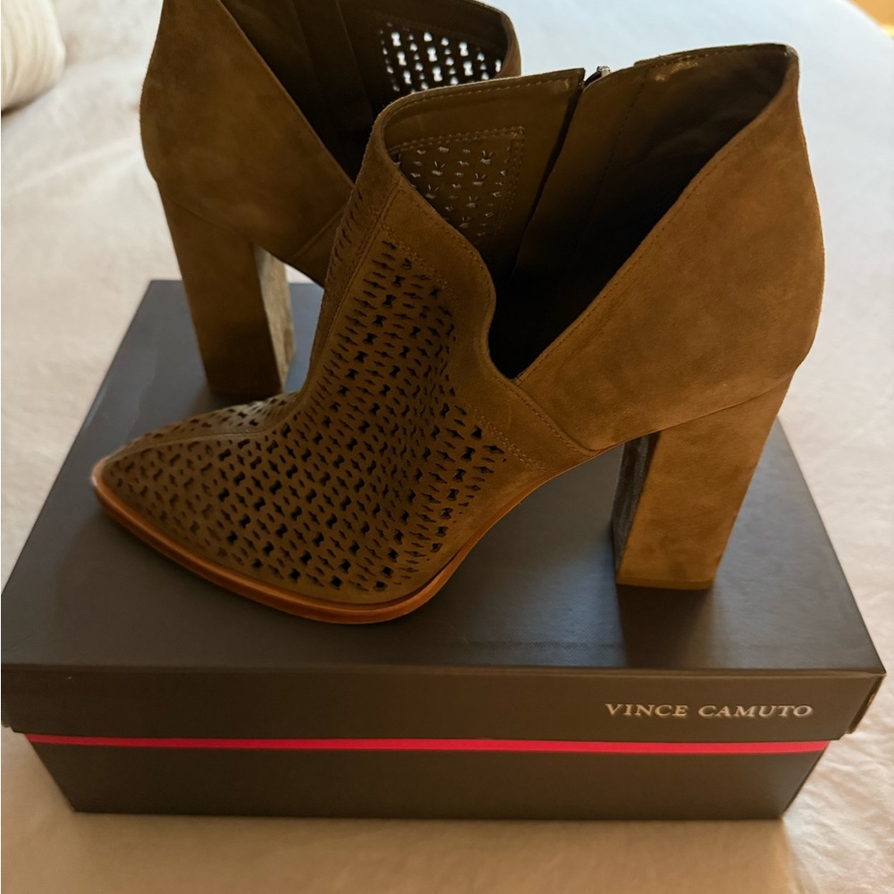 Vince Camuto Sage/TaupeHeeled Boots with Perforated Detailing